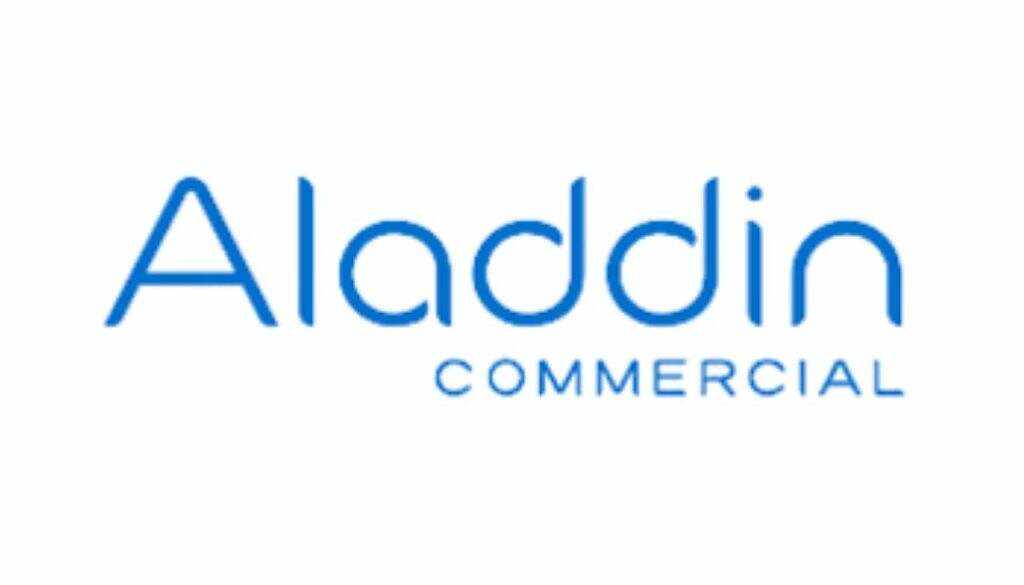 Logo of Aladdin Commercial, featuring stylized text in blue.